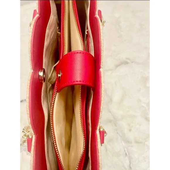 Betsey Johnson Cherry Print Straw Tote Bag Red Scalloped Top Chain Straps Charm - Picture 7 of 10